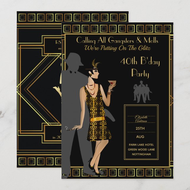 A Roaring Twenties Party, Gangster Flapper Deco Inbjudningar (Fram/baksida)
