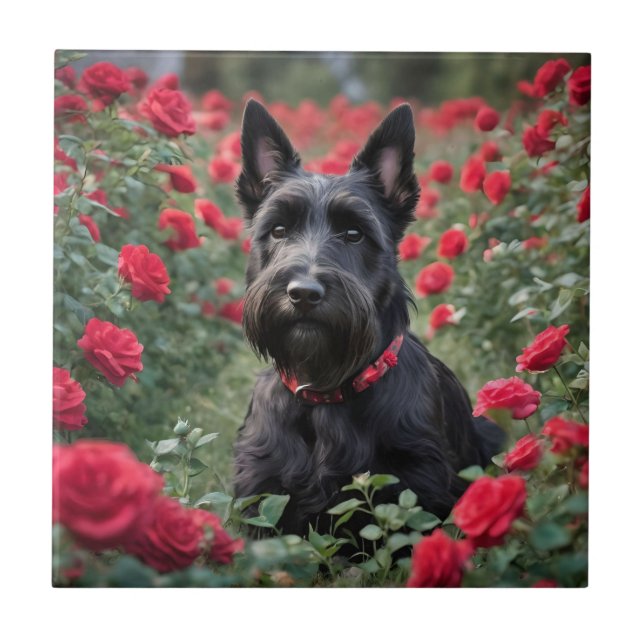 "A Röd ros för Black Scottish Terrier" Kakelplatta (Framsidan)