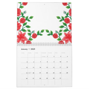 A röd ros med detaljerade blad, avbildade i en cli kalender