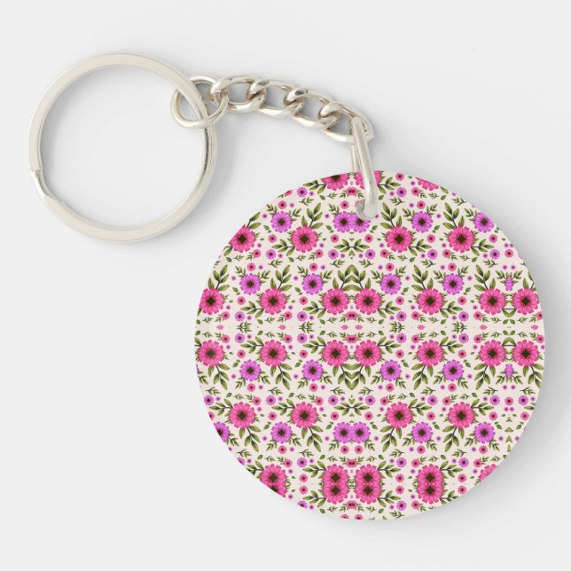 A round keychain with a vibrant pink and green  (Framsidan)