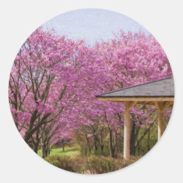 a row of cherry blossom trees and hut runt klistermärke