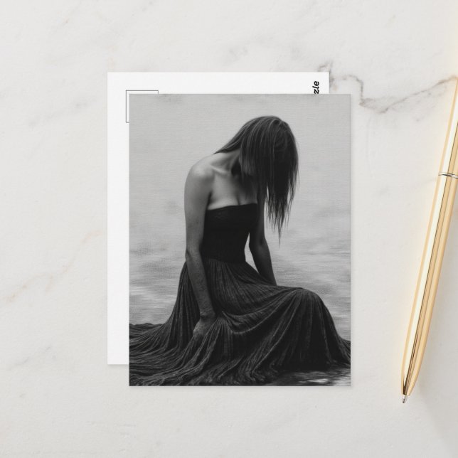 A Sad Woman in the Water Black and White Vykort (Fram/Back In Situ)