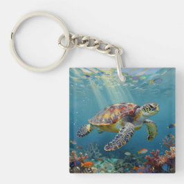 A Sea Turtle and Sun Rays in the Ocean Blue