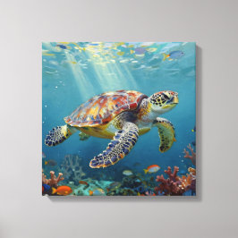 A Sea Turtle and Sun Rays in the Ocean Blue Canvastryck