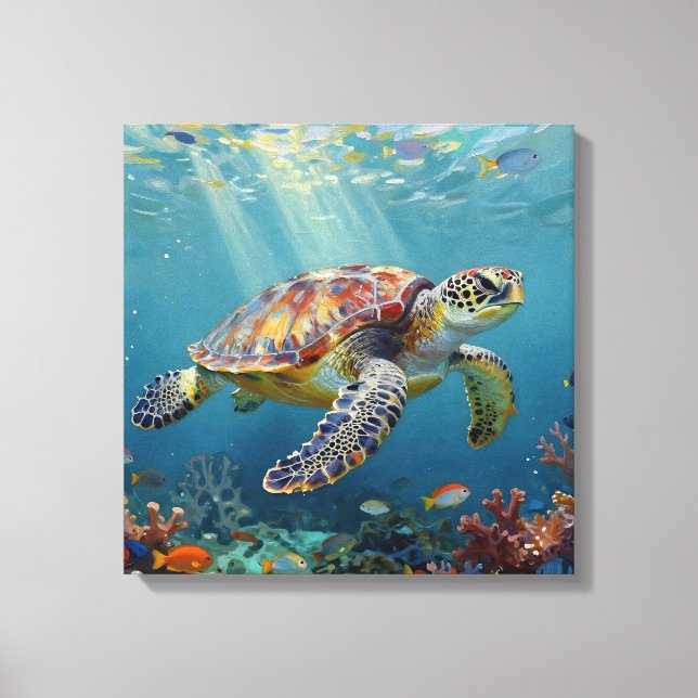 A Sea Turtle and Sun Rays in the Ocean Blue Canvastryck (Framsida)