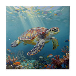 A Sea Turtle and Sun Rays in the Ocean Blue Kakelplatta