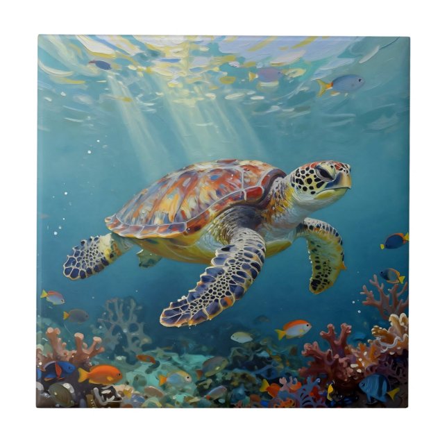 A Sea Turtle and Sun Rays in the Ocean Blue Kakelplatta (Framsidan)