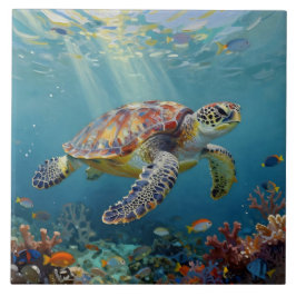 A Sea Turtle and Sun Rays in the Ocean Blue Kakelplatta