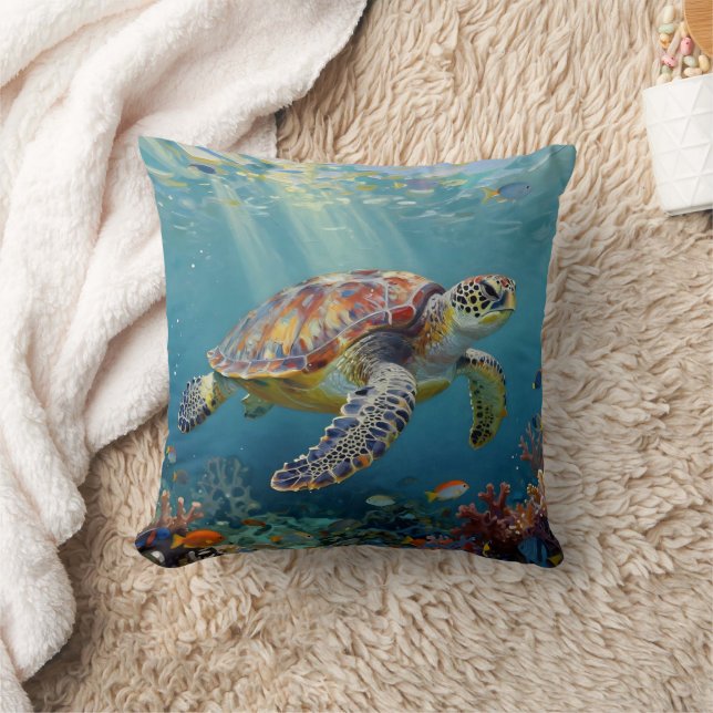 A Sea Turtle and Sun Rays in the Ocean Blue Kudde (Filt)