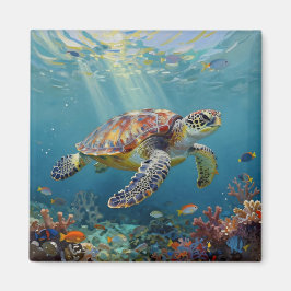 A Sea Turtle and Sun Rays in the Ocean Blue Magnet