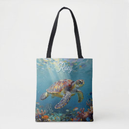 A Sea Turtle and Sun Rays in the Ocean Blue Tygkasse