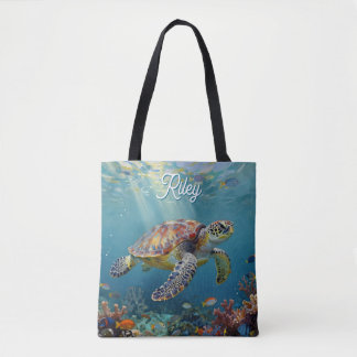 A Sea Turtle and Sun Rays in the Ocean Blue Tygkasse