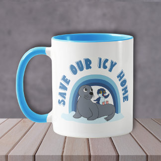 A seal and a penguin "Save Our Icy World" cartoon Mugg