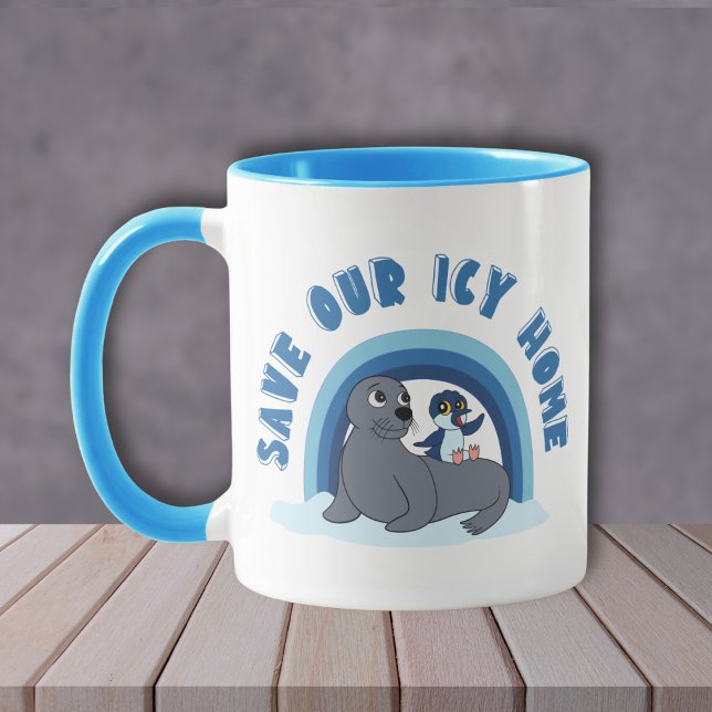 A seal and a penguin "Save Our Icy World" cartoon Mugg (Skapare uppladdad)