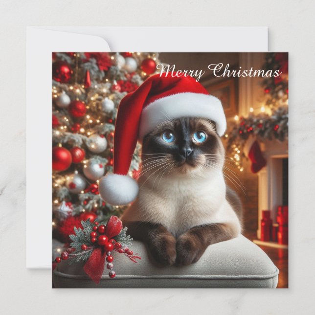 A siamese cat wears a Santa hat Julkort (Framsida)