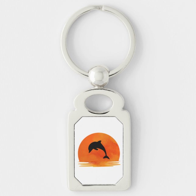 A Silhouette of a Jumping Dolphin on keychain. Rektangulärt Silverfärgad Nyckelring (Framsidan)
