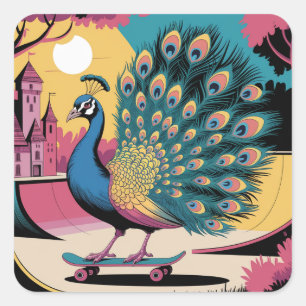 A Skateboarding Peacock Fyrkantigt Klistermärke