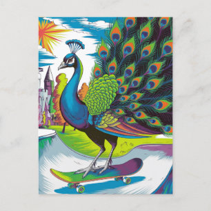 A Skateboarding Peacock Vykort