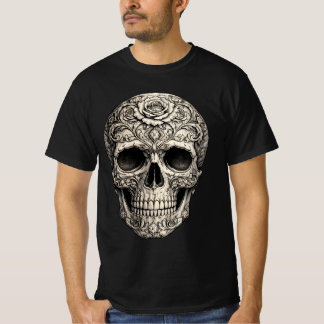 A skull adorned with silver and floral designs t shirt