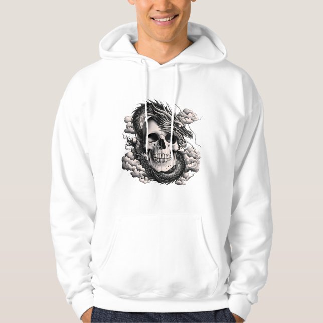 A skull with a Chinese dragon in black and white Hoodie (Framsida)