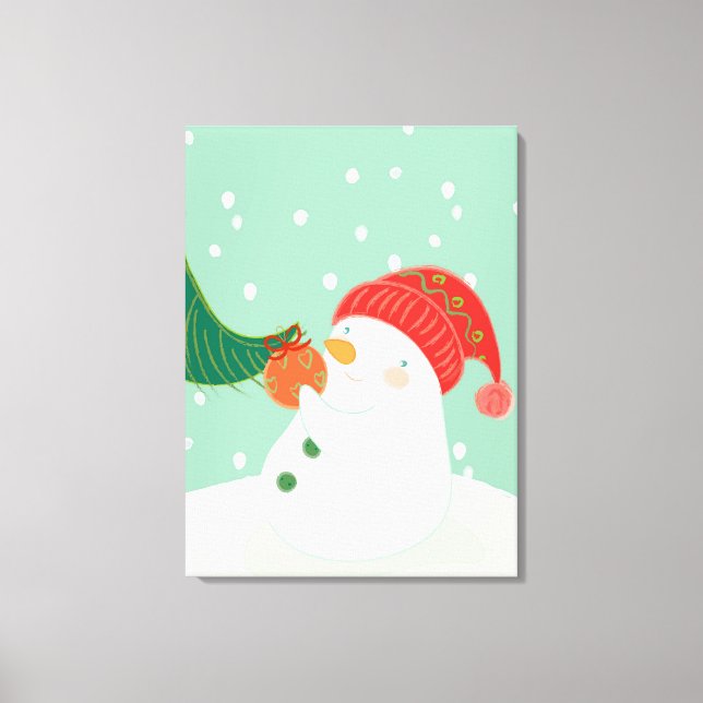 A snögubbe hängde en ornament på träd canvastryck (Framsida)
