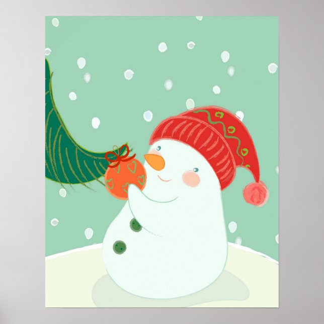 A snögubbe hängde en ornament på träd poster (Framsidan)