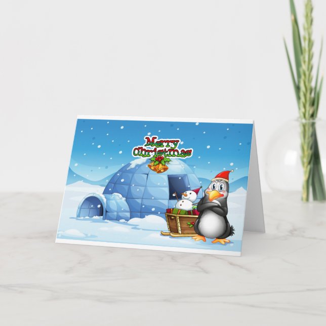 A snögubbe och en penguin framför igloo helgkort (Framsida)