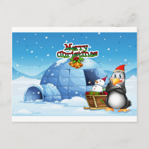 A snögubbe och en penguin framför igloo vykort