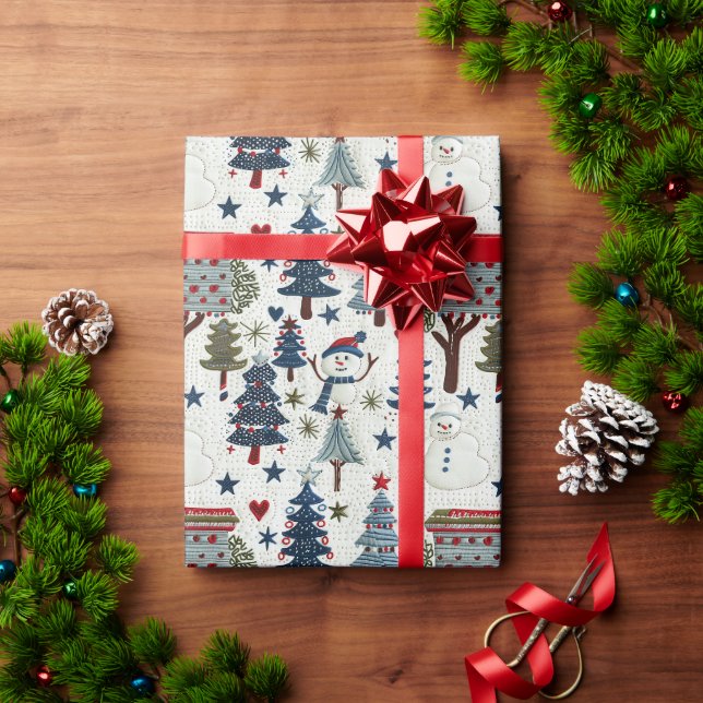 A Snögubbe och Julgranar i blå Mönster Presentpapper (Julgåva)