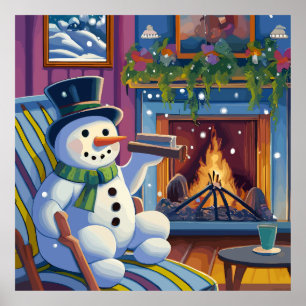 A snögubbe sitter på en stol med en eldstad. poster
