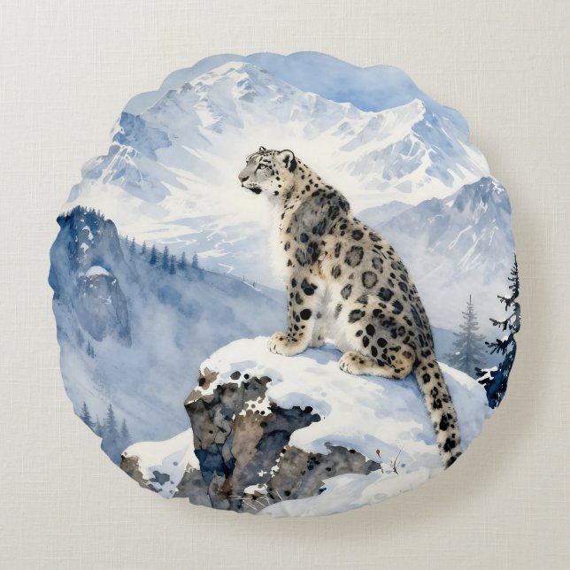 A Snow Leopard on Snowy Peak Rund Kudde (Framsidan)
