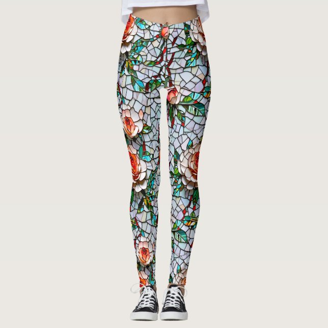 A Söt Faux Mosaic-Blommönstret Leggings (Framsida)