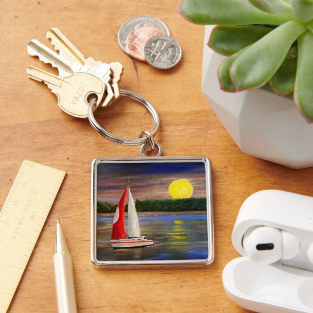 A Sunset Sail, av Gary Poling Fyrkantig Silverfärgad Nyckelring (Skrivbord)