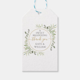 A Sweet Beginning Greenery Bröllop Guld Tack Presentetikett