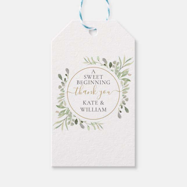 A Sweet Beginning Greenery Bröllop Guld Tack Presentetikett (Framsidan)