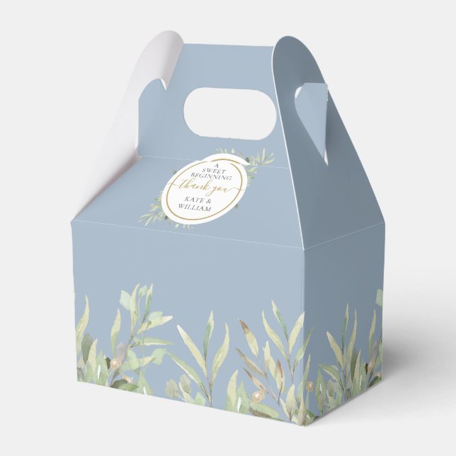 A Sweet Beginning Guld Dusty Blue Greenery Bröllop Presentaskar (Framsidan Sidan)