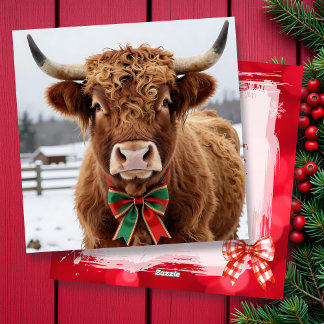 A Sweet Highland Cow on a Snowy Christmas Day Julkort