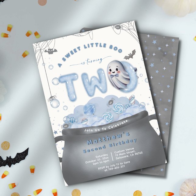 A Sweet Little Boo Is Turning Two Blue Birthday Inbjudningar (A Sweet Little Boo Is Turning Two Blue Birthday Invitation)