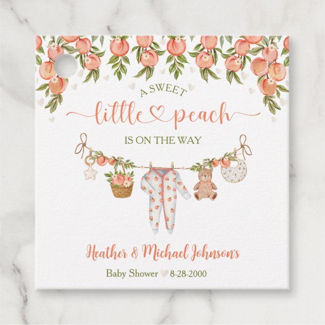 A Sweet Little Peach Clothesline Baby Shower Gåvor Etiketter (Framsida)