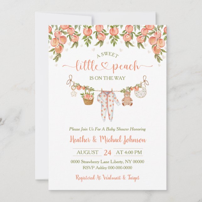 A Sweet Little Peach Clothesline Baby Shower Inbjudningar (Framsida)