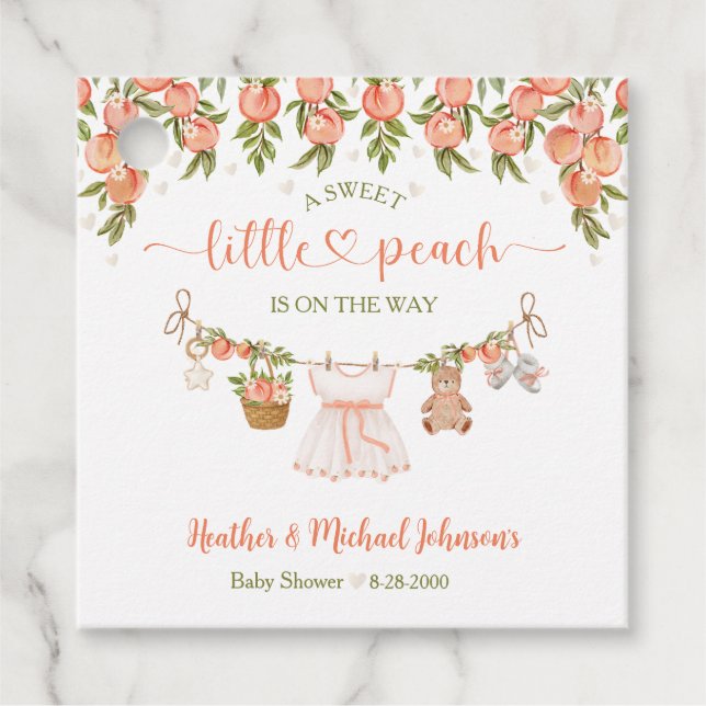 A Sweet Little Peach Clothesline Girl Baby Shower Gåvor Etiketter (Framsida)