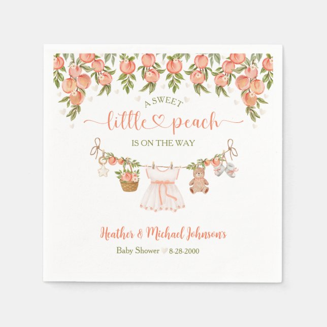 A Sweet Little Peach Clothesline Girl Baby Shower Pappersservett (Framsidan)