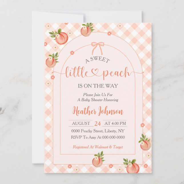 A Sweet Little Peach Gingham Baby Shower Inbjudningar (Framsida)