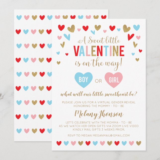 A Sweet little VALENTINE Gender Reveal Inbjudningar (Fram/baksida)