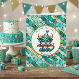 A Teal and Guld Dragon Personlig Boy's Birthday Kort