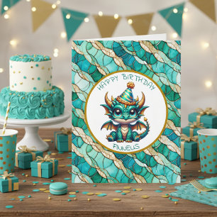 A Teal and Guld Dragon Personlig Boy's Birthday Kort