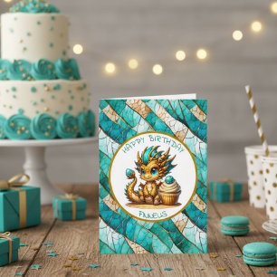 A Teal and Guld Dragon Personlig Boy's Birthday Kort