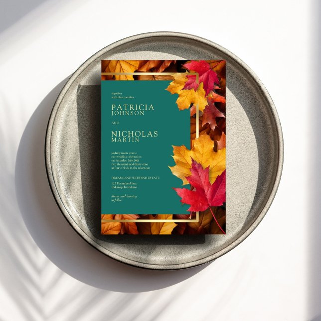 A Teal & Fall Fantasy Guld Rustic Reverie Bröllop Inbjudningar (Skapare uppladdad)