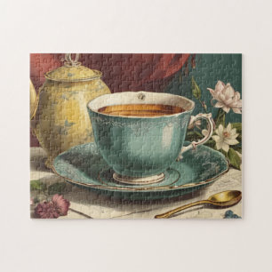 A tekopp och tekanna omgiven av blommor pussel