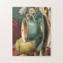 A tekopp och tekanna omgiven av blommor